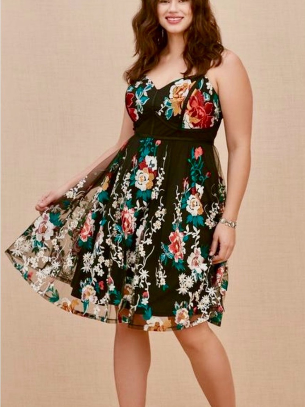 Torrid Black Floral Embroidered Fit & Flare Midi Dress